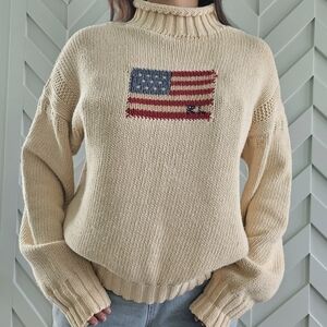 Vintage Polo Sport 90s Ralph Lauren Cream Sweater with American Flag, Size M